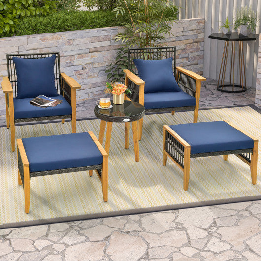 5 Piece Patio Furniture Set with Coffee Table and 2 Ottomans-Navy For Cheap