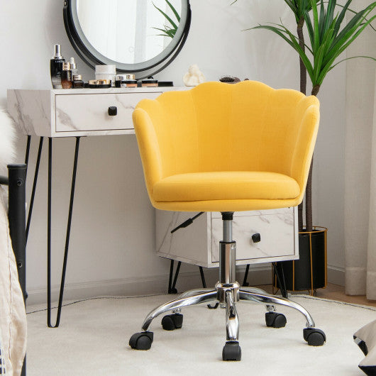 Upholstered Velvet Kids Desk Chair with Wheels and Seashell Back-Yellow on Sale