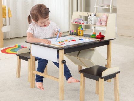 Kids Art Table and Chairs Set with Paper Roll and Storage Bins-Coffee Cheap