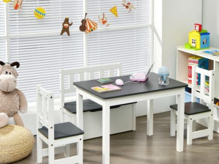 4 Pieces Kids Wooden Activity Table and Chairs Set with Storage Bench and Study Desk-Gray Hot on Sale