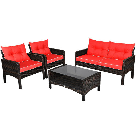 4 Pieces Outdoor Rattan Wicker Loveseat Furniture Set with Cushions-Red Cheap