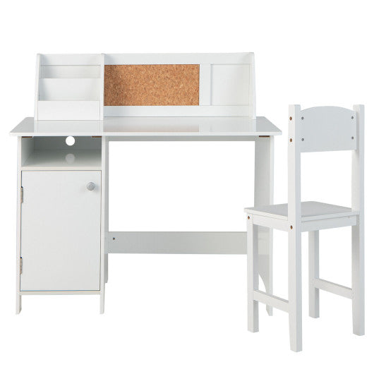 Wooden Kids Study Desk and Chair Set with Storage Cabinet and Bulletin Board-White For Sale