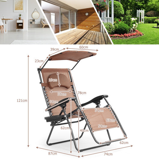 Folding Recliner Lounge Chair with Shade Canopy Cup Holder-Brown Supply