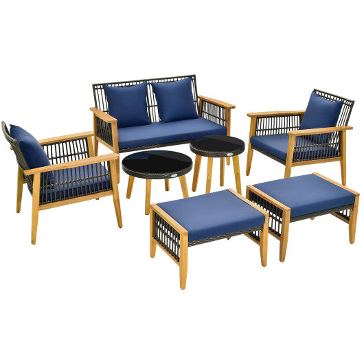 7 Piece Outdoor Conversation Set with Stable Acacia Wood Frame Cozy Seat & Back Cushions-Navy For Sale