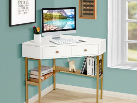 Space Saving Corner Computer Desk with 2 Large Drawers and Storage Shelf-Golden Discount