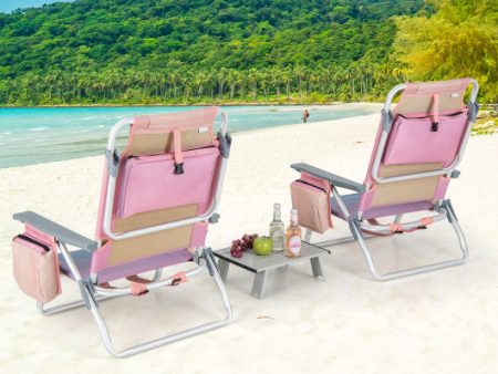 2 Packs 5-Position Outdoor Folding Backpack Beach Table Chair Reclining Chair Set-Pink For Sale