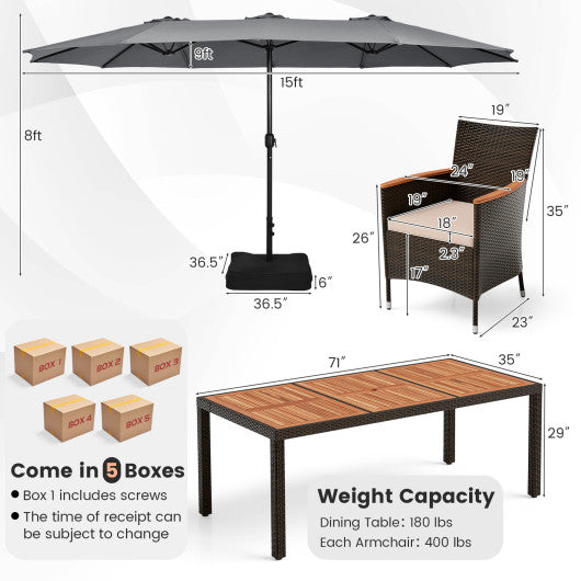 9 Piece Outdoor Dining Set with 15 Feet Double-Sided Twin Patio Umbrella-Gray Supply