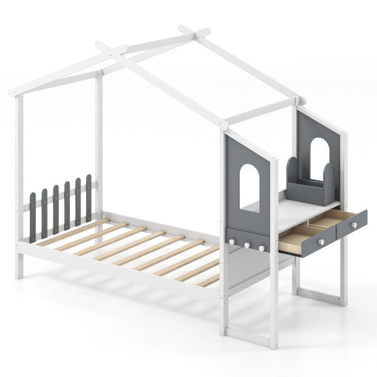 Twin Full Bed Frame with House Roof Canopy and Fence for Kids-Twin Size Fashion