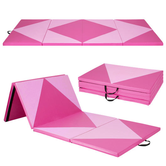 4-Panel PU Leather Folding Exercise Gym Mat with Hook and Loop Fasteners-Pink on Sale