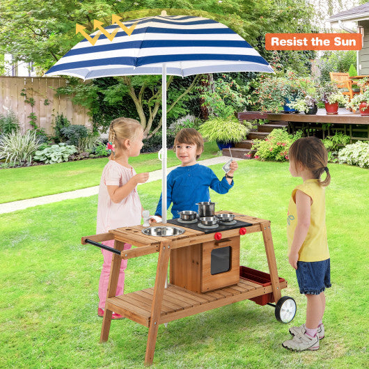 Wooden Play Cart with Sun Proof Umbrella for Toddlers Over 3 Years Old-Blue Discount