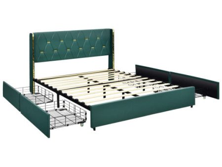 Full Queen Size Upholstered Bed Frame with 4 Drawers-Green-Queen Size For Discount