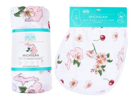 Gift Set: Michigan Baby Muslin Swaddle Blanket and Burp Cloth Bib Combo (Floral) by Little Hometown Discount