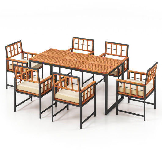 7 Pieces Patio Acacia Wood Dining Set with Soft Cushions and Umbrella Hole-Natural Online Sale