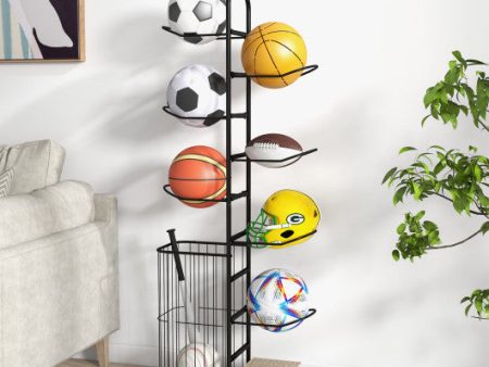 Metal Basketball Holder with 7 Removable Hanging Rods and Side Ball Basket For Cheap