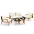 5 Piece Rattan Furniture Set Wicker Woven Sofa Set with 2 Tempered Glass Coffee Tables-Off White For Discount