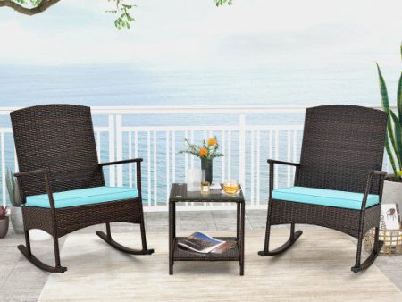 3 Piece Patio Rocking Set Wicker Rocking Chairs with 2-Tier Coffee Table-Turquoise Hot on Sale