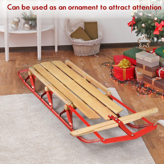 54 Inch Kids Wooden Snow Sled with Metal Runners and Steering Bar Online Hot Sale