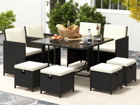 9 PCS Outdoor Dining Furniture Set with Tempered Glass Table and Ottomans-White Online now