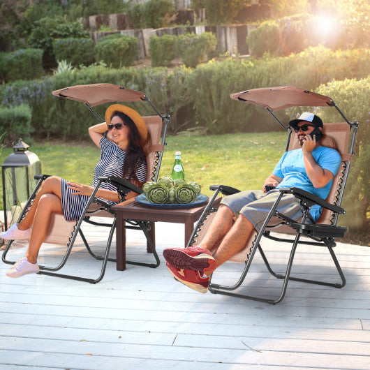 Folding Recliner Lounge Chair with Shade Canopy Cup Holder-Brown Supply