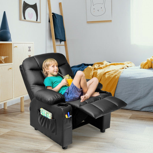 PU Leather Kids Recliner Chair with Cup Holders and Side Pockets-Black Online Hot Sale