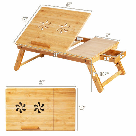 Bamboo Laptop Lap Tray with Adjustable Legs and Tilting Heat-dissipation Top-Natural Sale