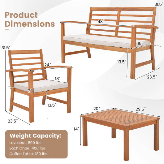 4 Pieces Outdoor Furniture Set with Stable Acacia Wood Frame-Beige For Sale