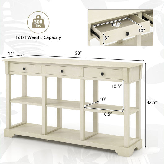 58  Retro Console Table with 3 Drawers and Open Shelves Rectangular Entryway Table-White For Sale