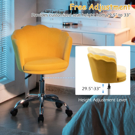 Upholstered Velvet Kids Desk Chair with Wheels and Seashell Back-Yellow on Sale