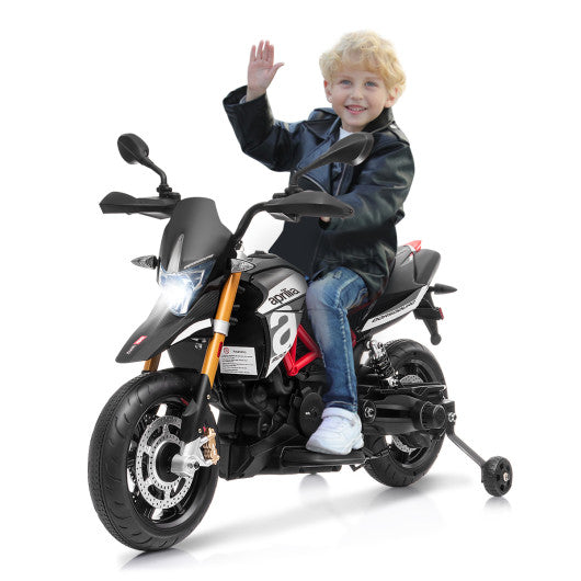 12V Kids Ride-On Motorcycle Aprilia Licensed with Sounds and Music-Black Fashion