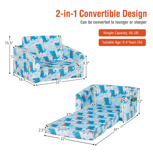 2-in-1 Convertible Kids Sofa with Velvet Fabric-Light Blue For Discount