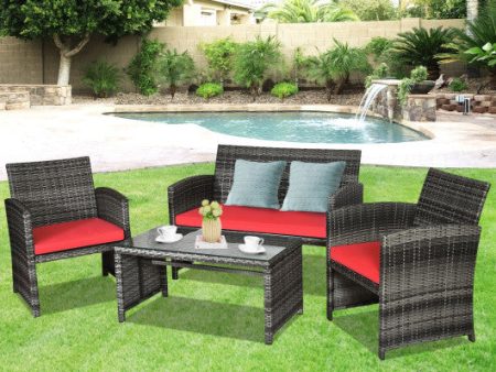 Costway 4PCS Patio Rattan Conversation Glass Table Top Cushioned Sofa Red Online Hot Sale