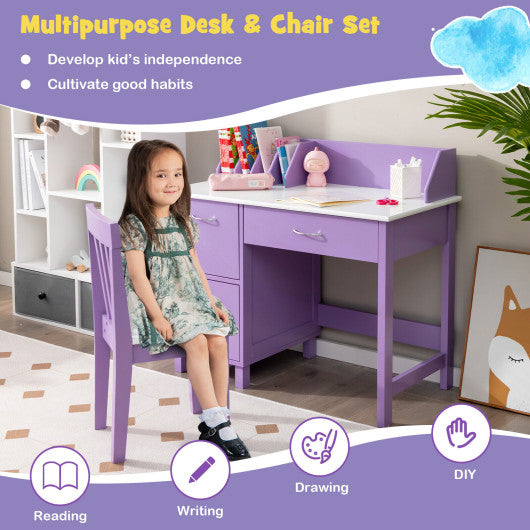 Kids Wooden Writing Furniture Set with Drawer and Storage Cabinet-Purple Cheap