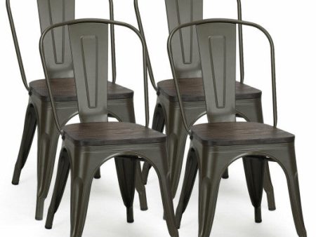 4 Pieces Tolix Style Metal Dining Side Chair Stackable Wood Seat-Black Sale