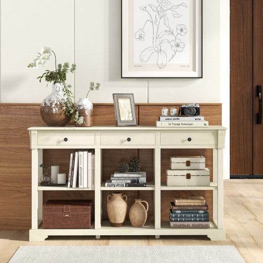 58  Retro Console Table with 3 Drawers and Open Shelves Rectangular Entryway Table-White For Sale