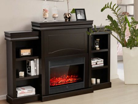 70 Inch Modern Fireplace Media Entertainment Center with Bookcase-Brown For Sale