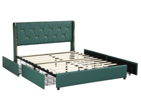 Full Queen Size Upholstered Bed Frame with 4 Drawers-Green-Full Size For Discount