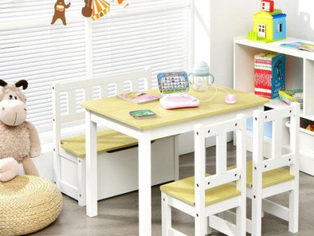 4 Pieces Kids Wooden Activity Table and Chairs Set with Storage Bench and Study Desk-Natural For Cheap