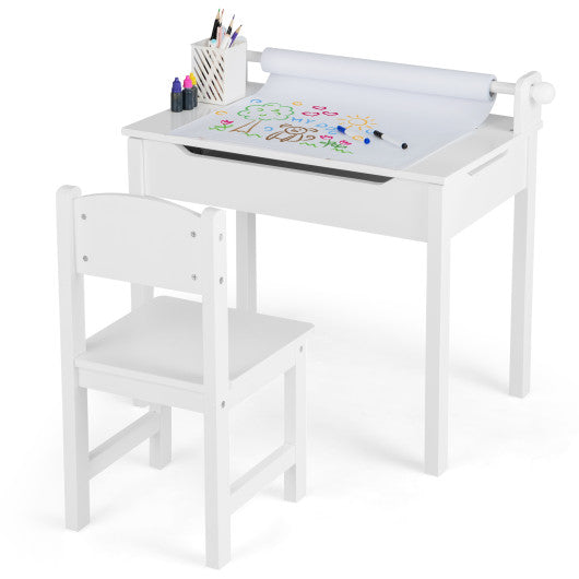 Wooden Kids Table and Chair Set with Storage and Paper Roll Holder-White on Sale