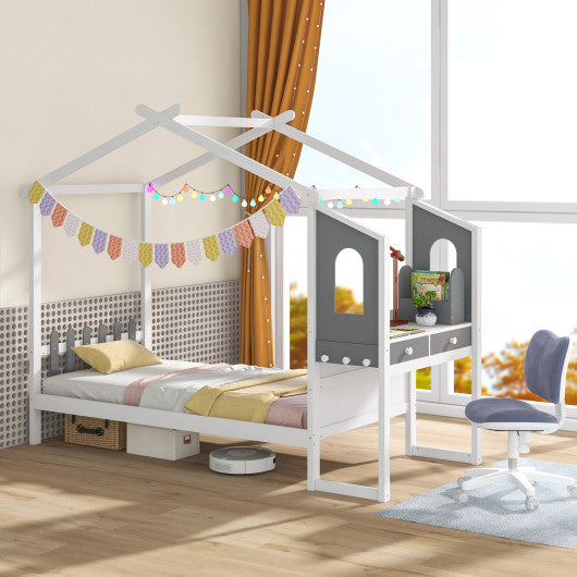 Twin Full Bed Frame with House Roof Canopy and Fence for Kids-Twin Size Fashion