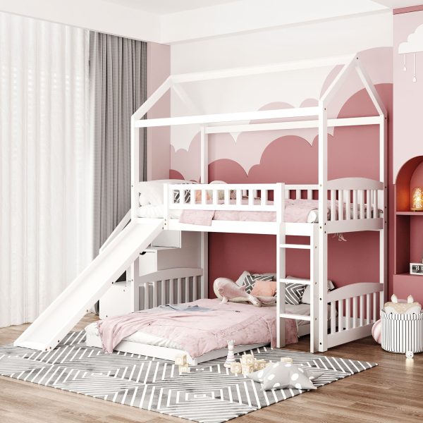 White Twin Over Twin PlayHouse Perpendicular Bunk Bed with Slide Hot on Sale