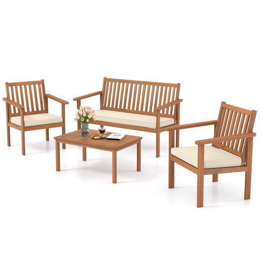 4 Piece Patio Wood Furniture Set Acacia Wood Sofa Set with Loveseat-Off White For Discount