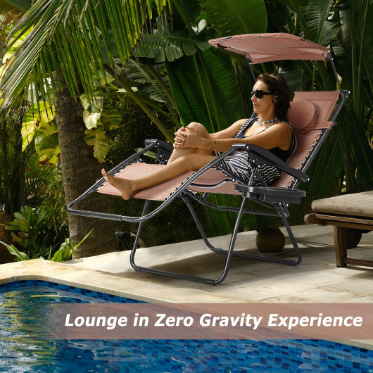 Folding Recliner Lounge Chair with Shade Canopy Cup Holder-Brown Supply