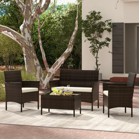 4 Piece Patio Rattan Conversation Set with Cozy Seat Cushions-Beige Online