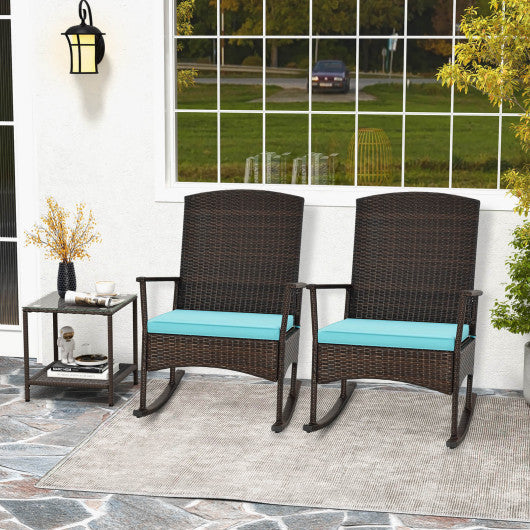 3 Piece Patio Rocking Set Wicker Rocking Chairs with 2-Tier Coffee Table-Turquoise Hot on Sale