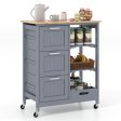 Kitchen Island Cart on Wheels with Rubber Wood Top and 3 Drawersand Removable Tray-Gray Online