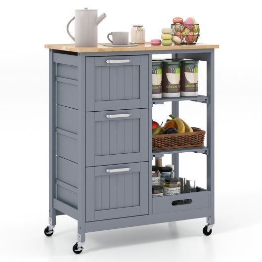 Kitchen Island Cart on Wheels with Rubber Wood Top and 3 Drawersand Removable Tray-Gray Online