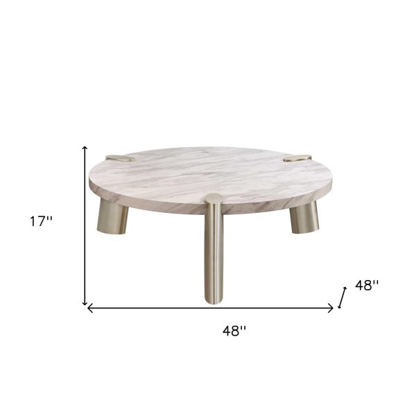 48  Gold And White Genuine Marble Round Coffee Table For Sale