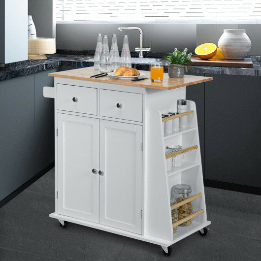 Rubber Wood Countertop Rolling Kitchen Island Cart-White For Sale