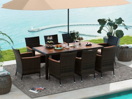 9 Piece Outdoor Dining Set with 15 Feet Double-Sided Twin Patio Umbrella-Brown Cheap