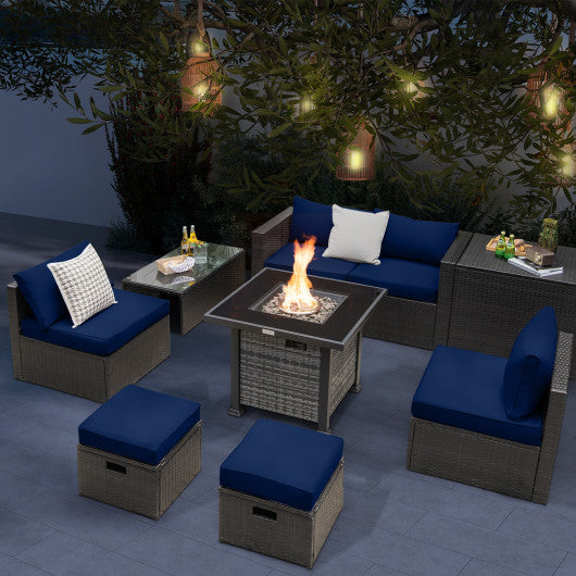 Outdoor 9 Pieces Patio Furniture Set with 50 000 BTU Propane Fire Pit Table-Navy Online now